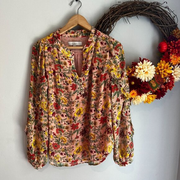 Loft Womens Floral Boho Henley Long Sleeve Chiffon Blouse MEDIUM Pink - Picture 1 of 11